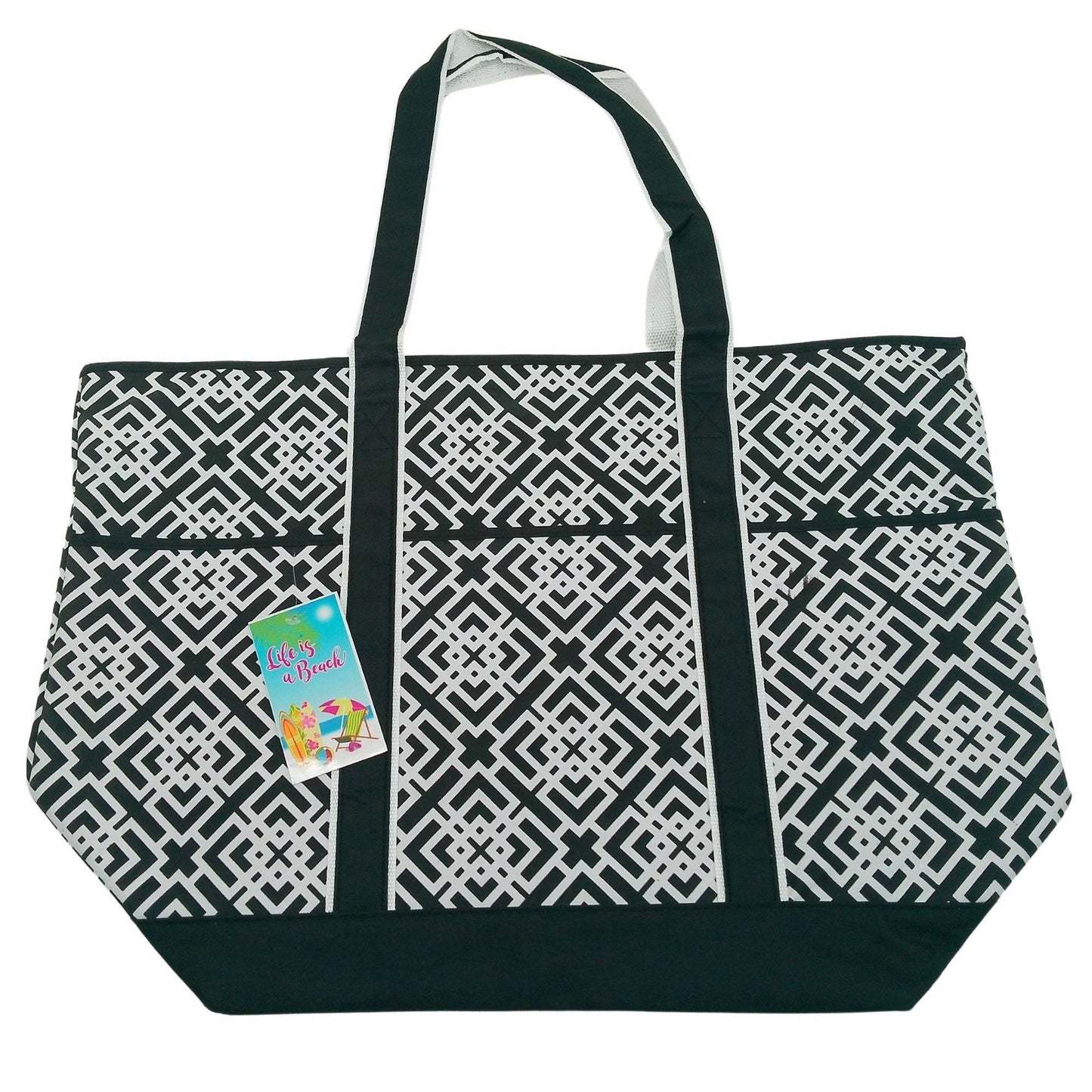 life is a beach large black and white canvas beach tote bag -- 8 per box