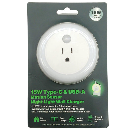 15w usb type c usb a wall charger motion sensor night light -- 8 per case