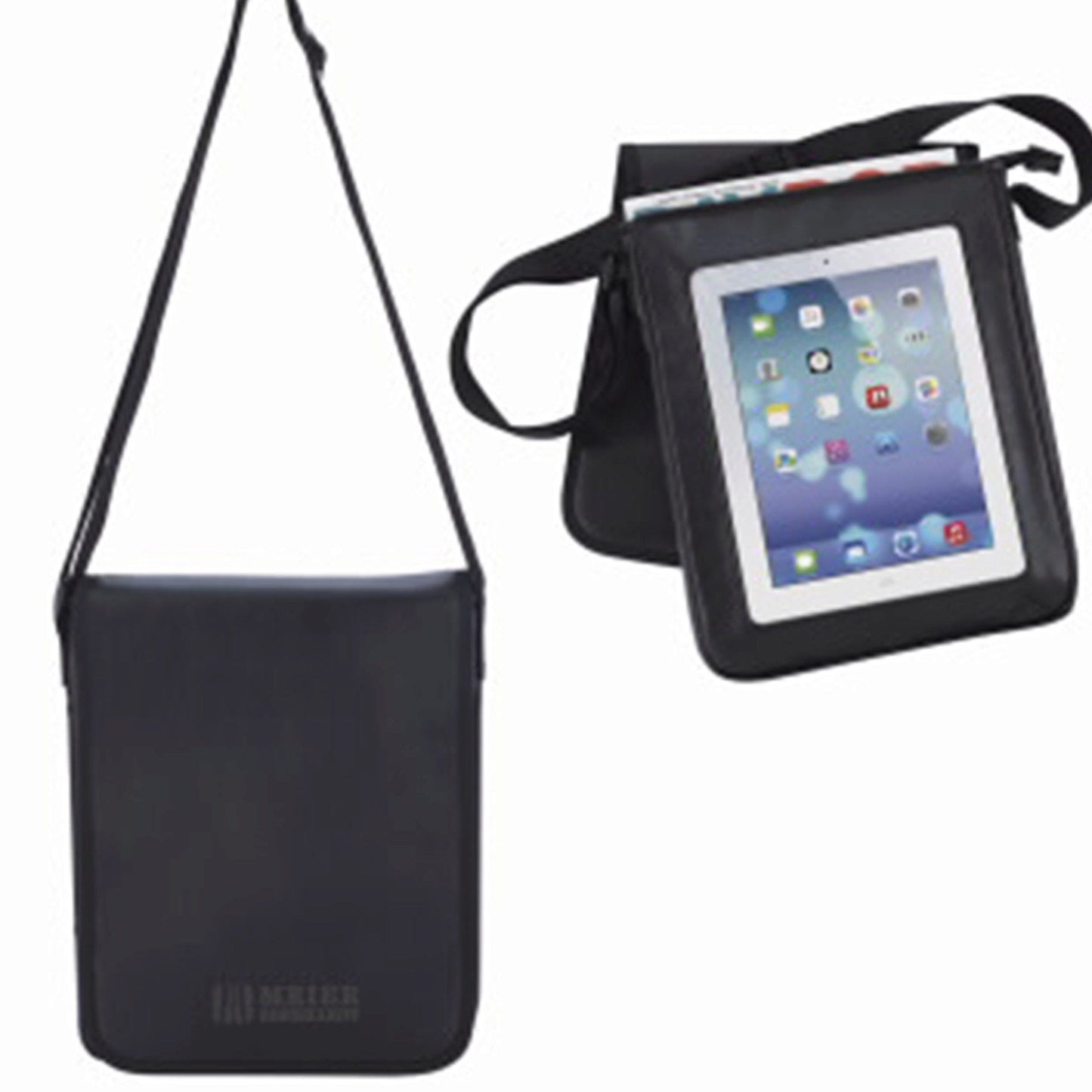 black messenger bag with tablet viewing window -- 13 per box