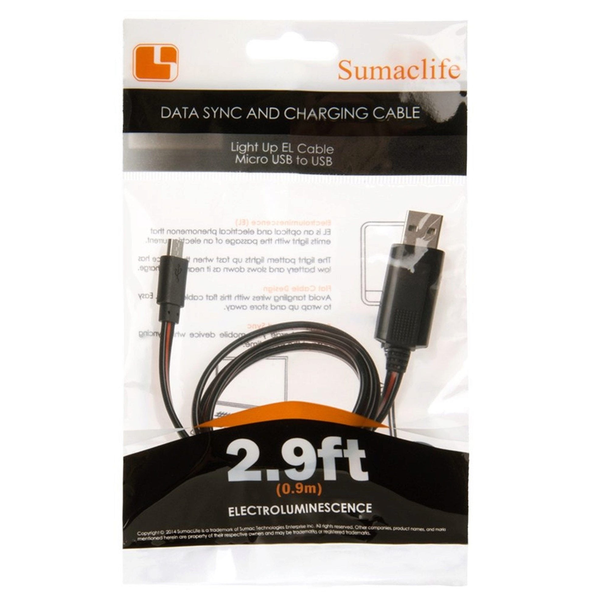 sumac life 2.9ft micro usb charge cable with purple light-240 units per case -- 38 per box