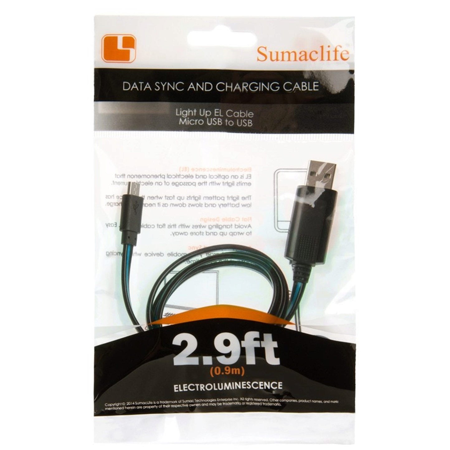 sumac life 2.9 foot micro usb charge cable with green light  -- 38 per box