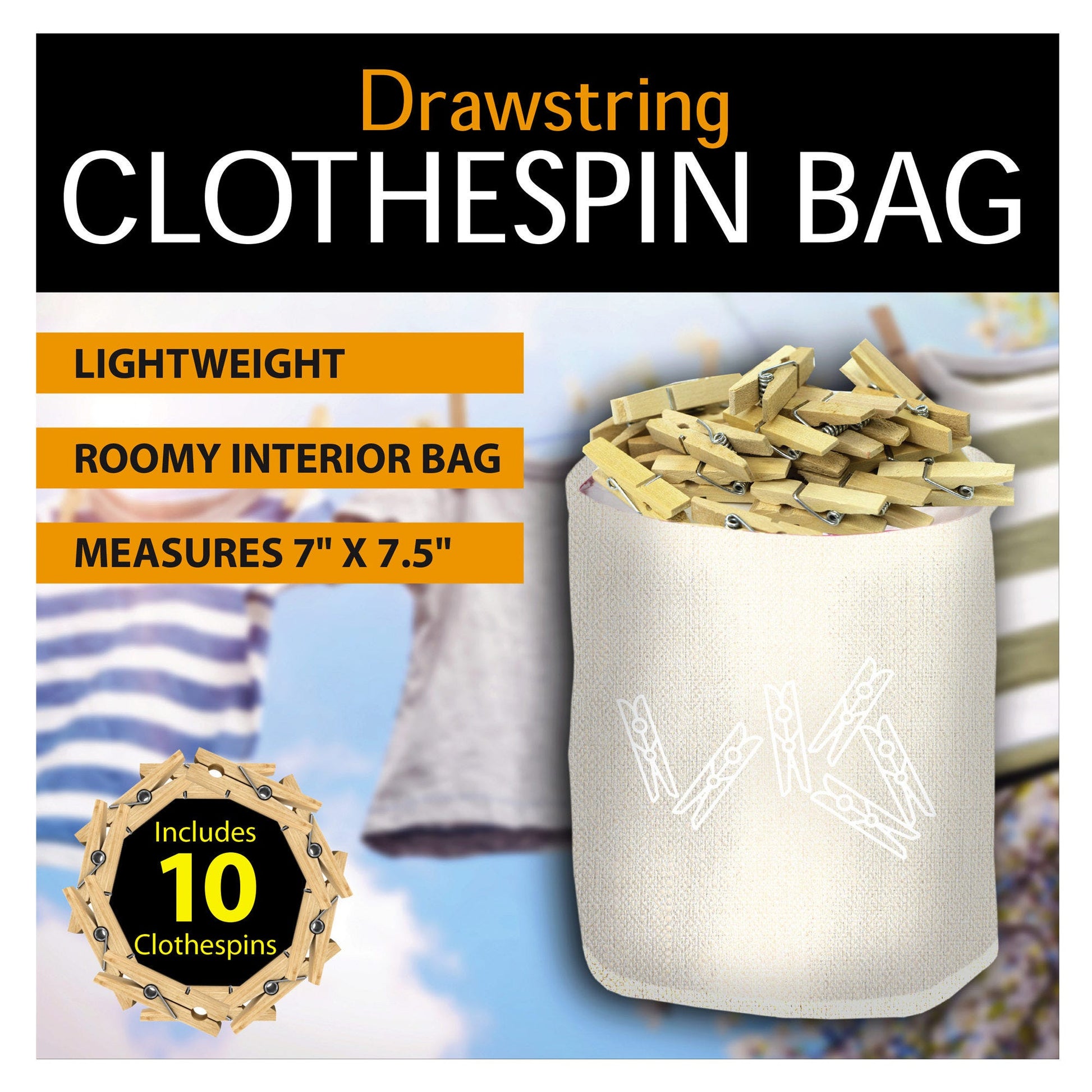 drawstring clothespin bags with 10 wooden pins - -  -- 6 per box