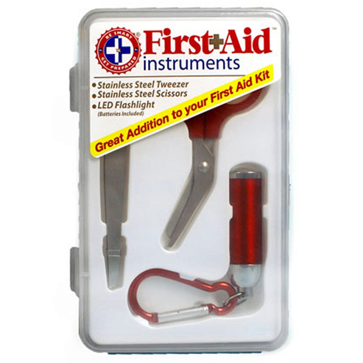 3 piece first aid kit with tweezers, scissors & led flashlight - 24 units per case -- 20 per box