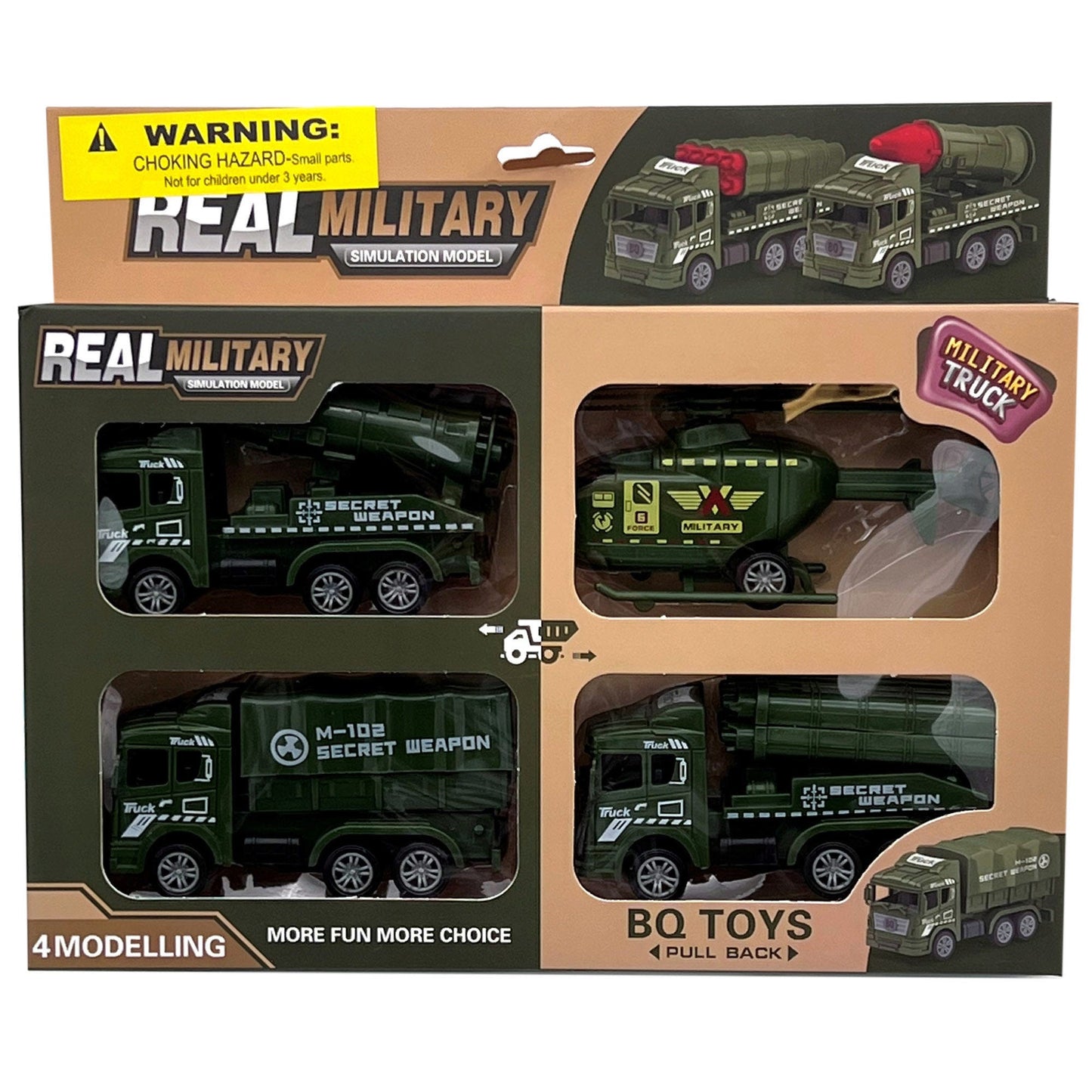 4 pack pull back toy army truck and helicopter assortment -- 24 per box