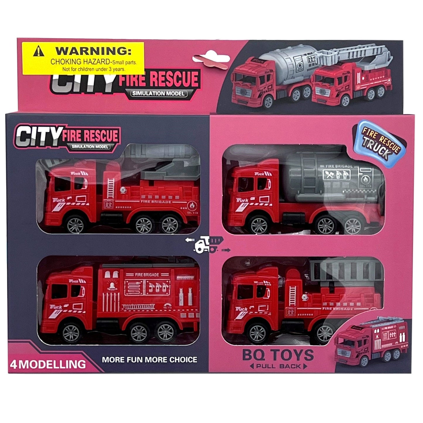 4 pack pull back fire and rescue toy truck set -- 24 per box