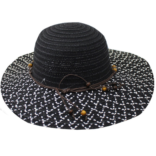 adult fashion woven sun hat with beads and chin strap -- 18 per box