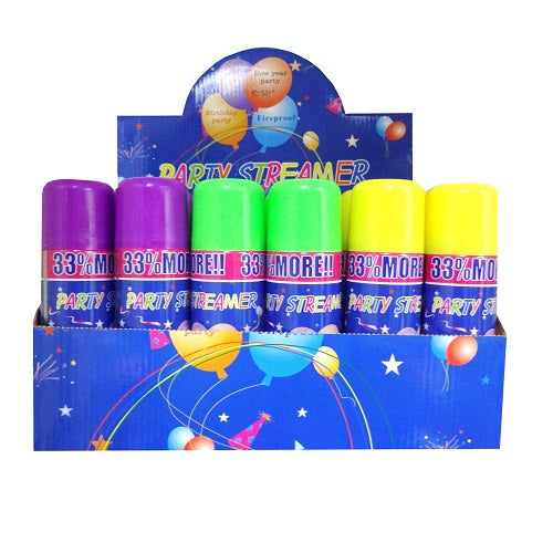 party string spray 3oz asst clrs -- 24 per box