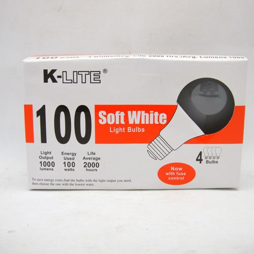 k- lite light bulb 4pk 100w soft white -- 30 per case