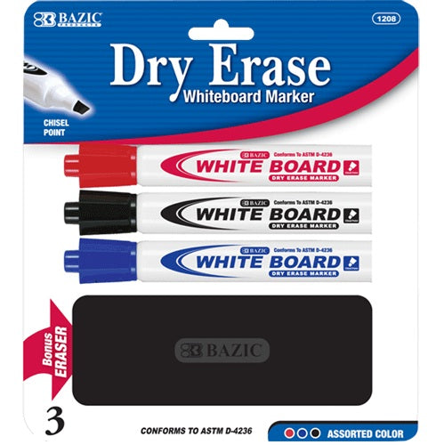 dry erase markers 3pk w- eraser -- 24 per box