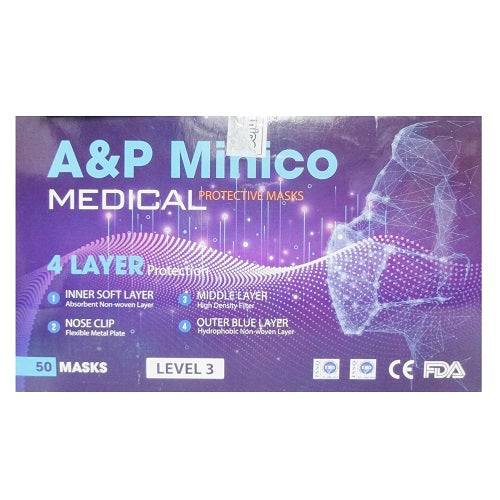 a p minico disp mask 50ct 4- layer blue -- 10 per case