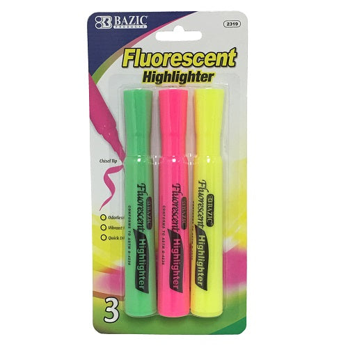 highlighters 3pk asst clrs fluorescent -- 24 per box