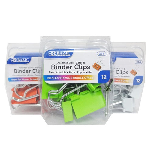 binder clips 12ct asst size clrs -- 24 per box