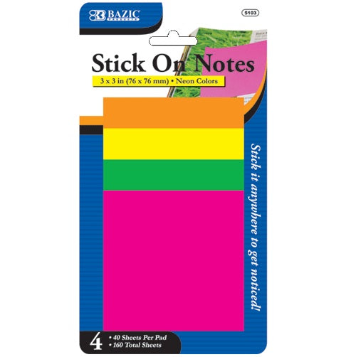 stick on notes 40 shts 4pk neon 3 x 3 -- 24 per box