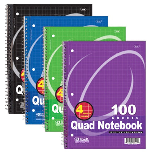 quad notebook 100 sheets spiral -- 24 per case