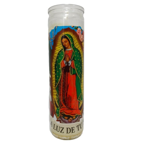 candle 8in virgen de guadalupe white -- 12 per case