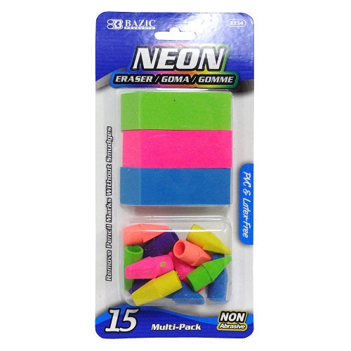 neon erasers 15pc multi- pack -- 24 per box