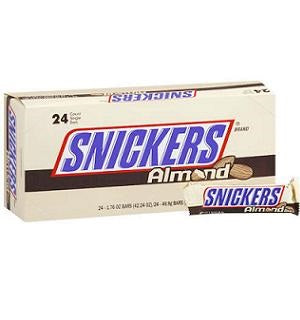 snickers chocolate bar 1.76oz almond -- 24 per box