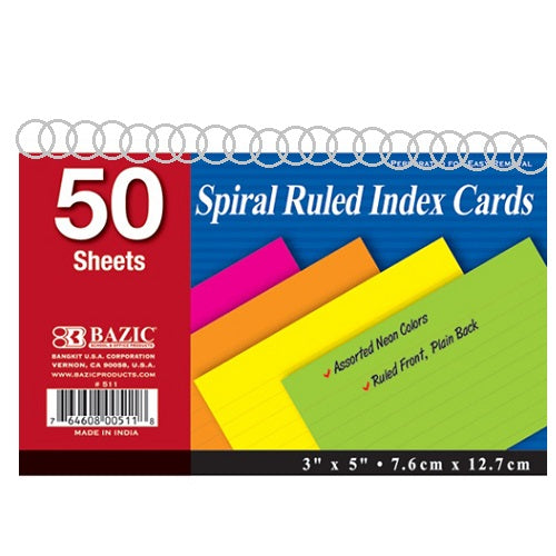 spiral ruled index cards 50 sheets 3x5 -- 36 per case