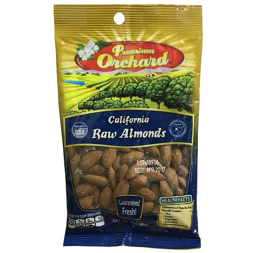 premium orchard raw almonds 3oz whole -- 12 per case