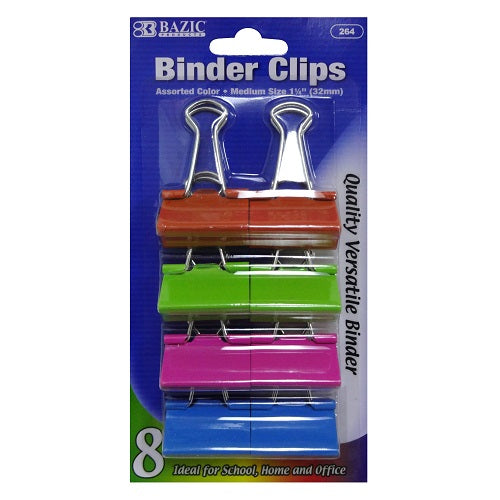 binder clips 8pk asst clrs md -- 24 per box