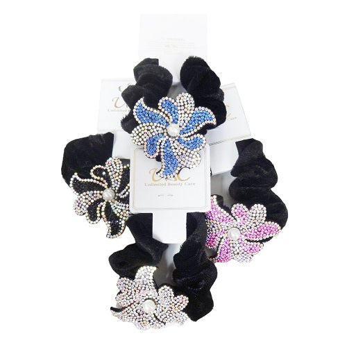 hair scrunchie black w- flower asst clrs -- 12 per box